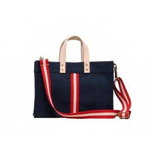NEW SHOREBAGS women's newport mini box tote bag in navy with red stripe